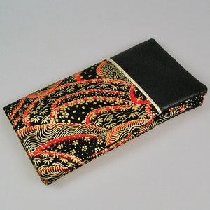 Checkbook holder and cards in Japanese cotton black red and gold, imitation brown leather image 3