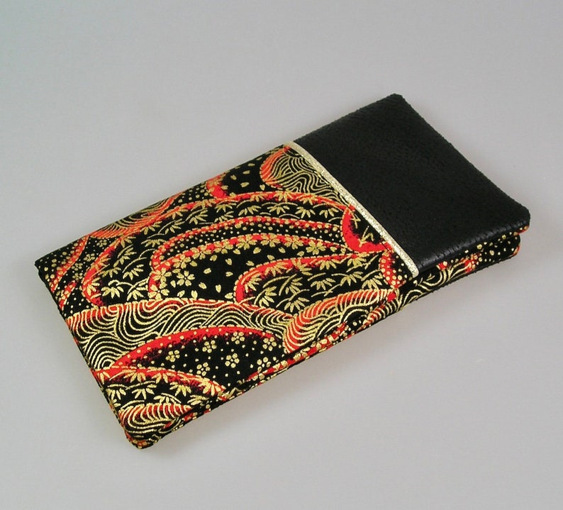 Checkbook holder and cards in Japanese cotton black red and gold, imitation brown leather image 3