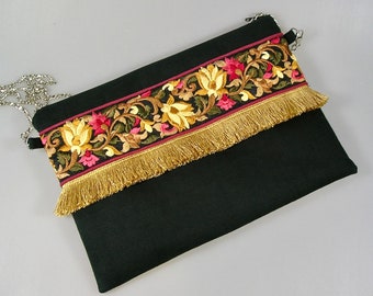 Clutch, clutch de noche, clutch boho de algodón negro y trenza bordada
