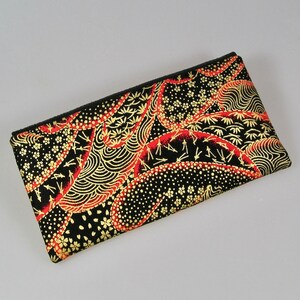 Envelope pouch, glasses case in Japanese cotton fabrics black gold and red image 2