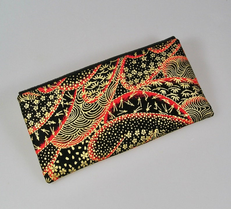 Envelope pouch, glasses case in Japanese cotton fabrics black gold and red image 2