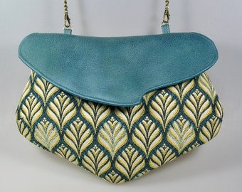 Shoulder bag, blue and yellow jacquard fabric, faux leather