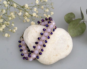 Crochet bracelet and pink and purple glass beads