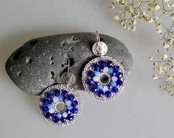 Round crochet earrings and cobalt blue beads