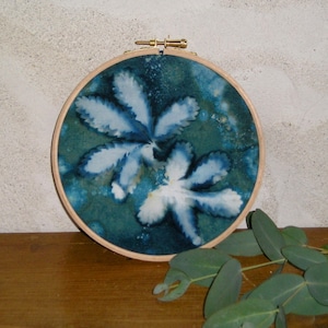 Cyanotype, nat cyanotype op stoffen, bladeren, uniek stuk