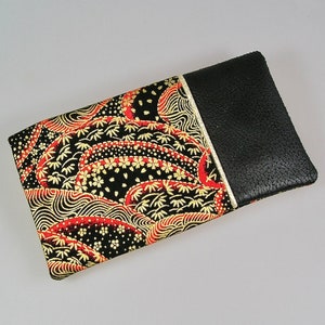 Checkbook holder and cards in Japanese cotton black red and gold, imitation brown leather image 1