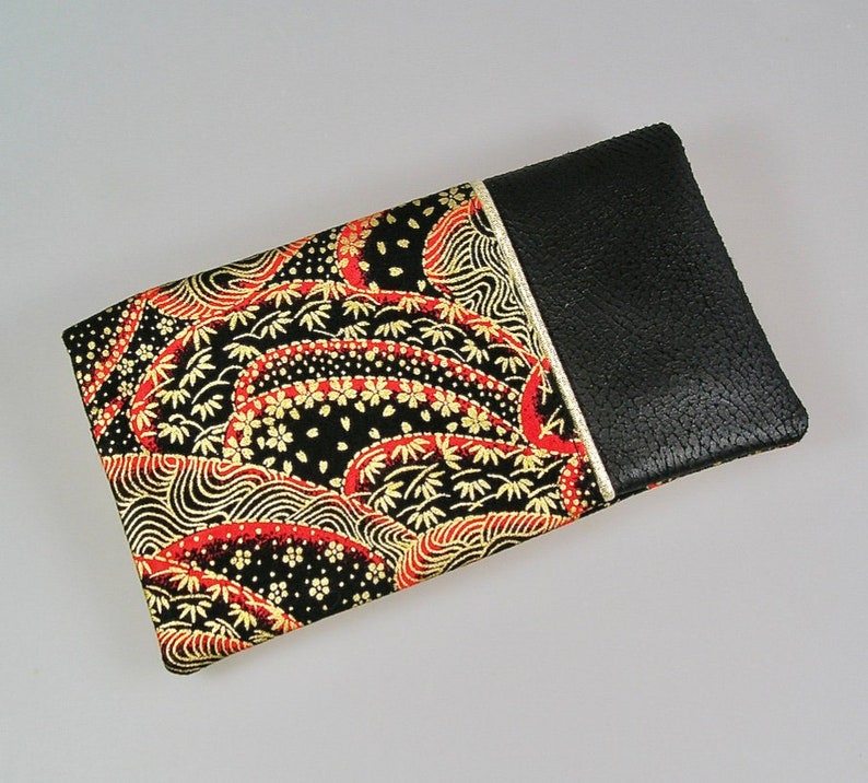 Porte chéquier et cartes en coton japonais noir rouge et doré, simili cuir marron image 1