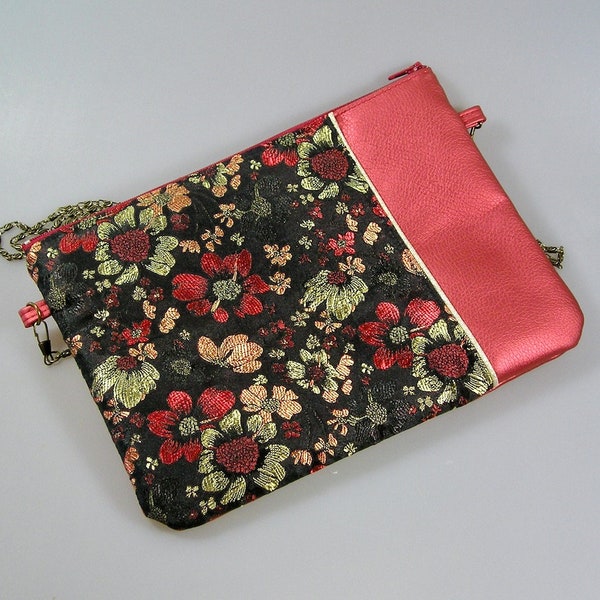 Pochette sac à main de soirée tissus japonais noir à fleurs et simili cuir rouge