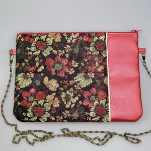 Pochette sac à main de soirée tissus japonais noir à fleurs et simili cuir rouge image 2