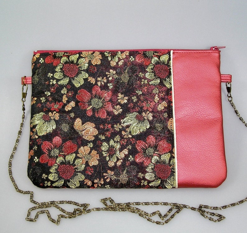Pochette sac à main de soirée tissus japonais noir à fleurs et simili cuir rouge image 2