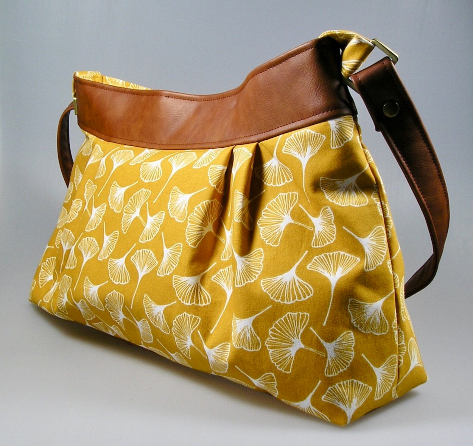 Sac baguette pliss?� tissus coton jaune motif ginko et simili - Etsy France