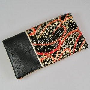 Checkbook holder and cards in Japanese cotton black red and gold, imitation brown leather image 2