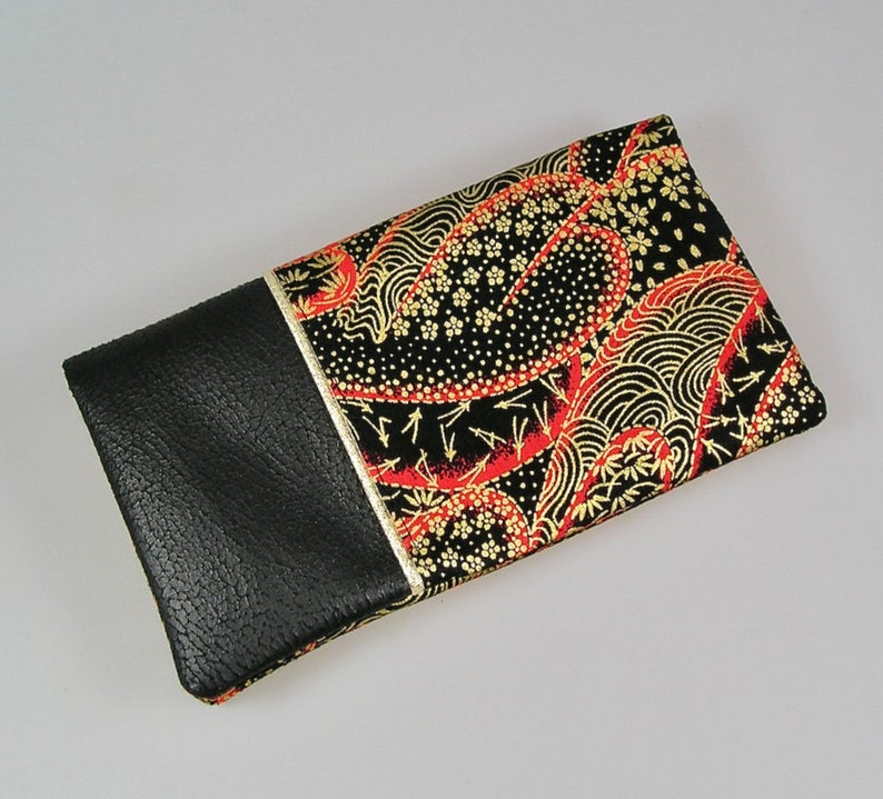 Checkbook holder and cards in Japanese cotton black red and gold, imitation brown leather image 2