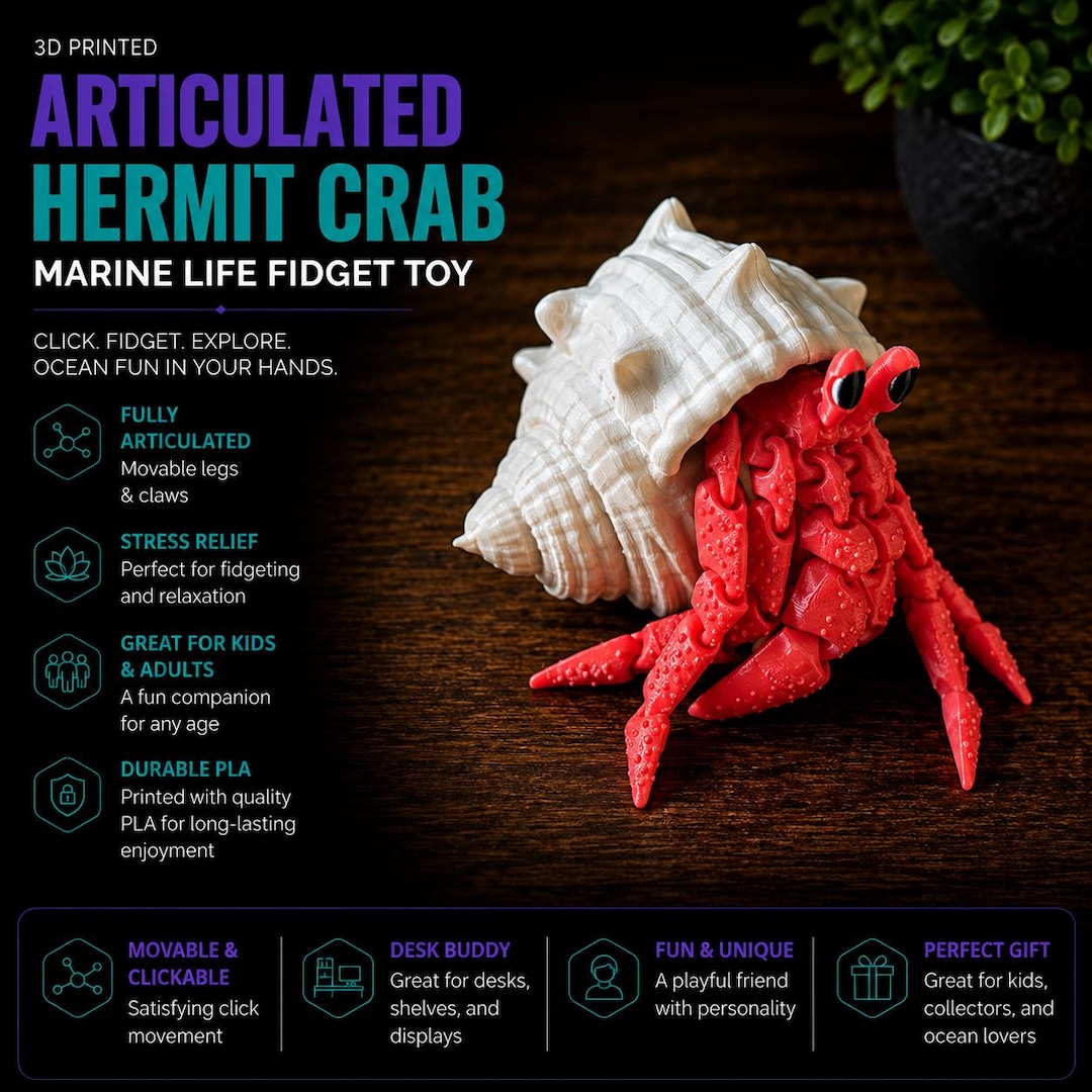 Articulated Hermit Crab | 3D Printed Hermit Crab Figure | Flexible