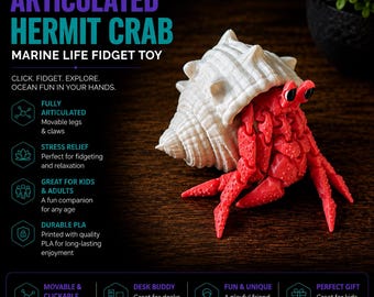 Articulated Hermit Crab | 3D Printed Hermit Crab Figure | Flexible Crab | Beach Decor | Ocean Gift | Coastal Collectible