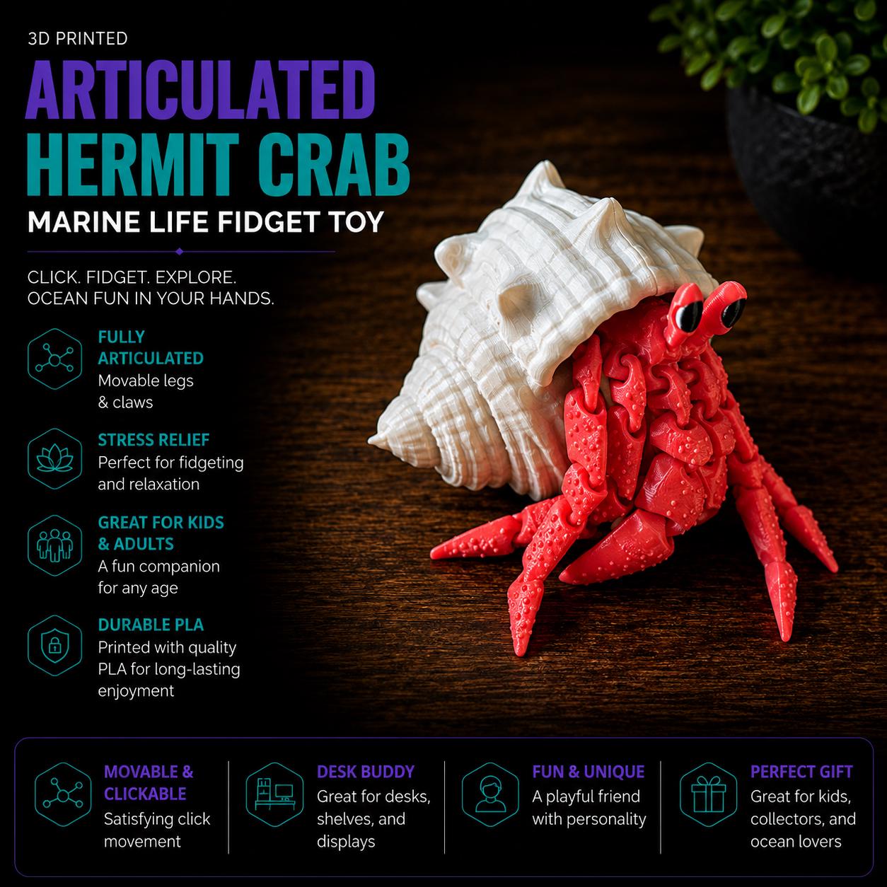Articulated Hermit Crab | 3D Printed Hermit Crab Figure | Flexible