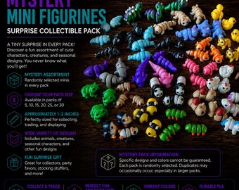 Könnte beinhalten: Eine Sammlung von 3D-gedruckten Mystery-Mini-Figuren in verschiedenen Farben und Formen, darunter Tiere und Kreaturen. Der Text auf dem Bild lautet 3D PRINTED MYSTERY MINI FIGURINES SURPRISE COLLECTIBLE PACK und beschreibt Packungsgrößen.