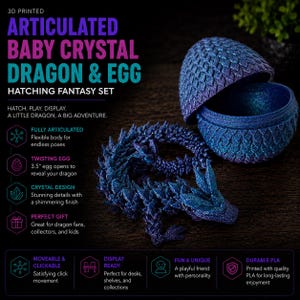 May include: A 3D printed articulated baby crystal dragon with a shimmering blue and purple finish, accompanied by a matching textured egg shell. The dragon features a flexible, segmented body and crystalline scales, while the egg is open.