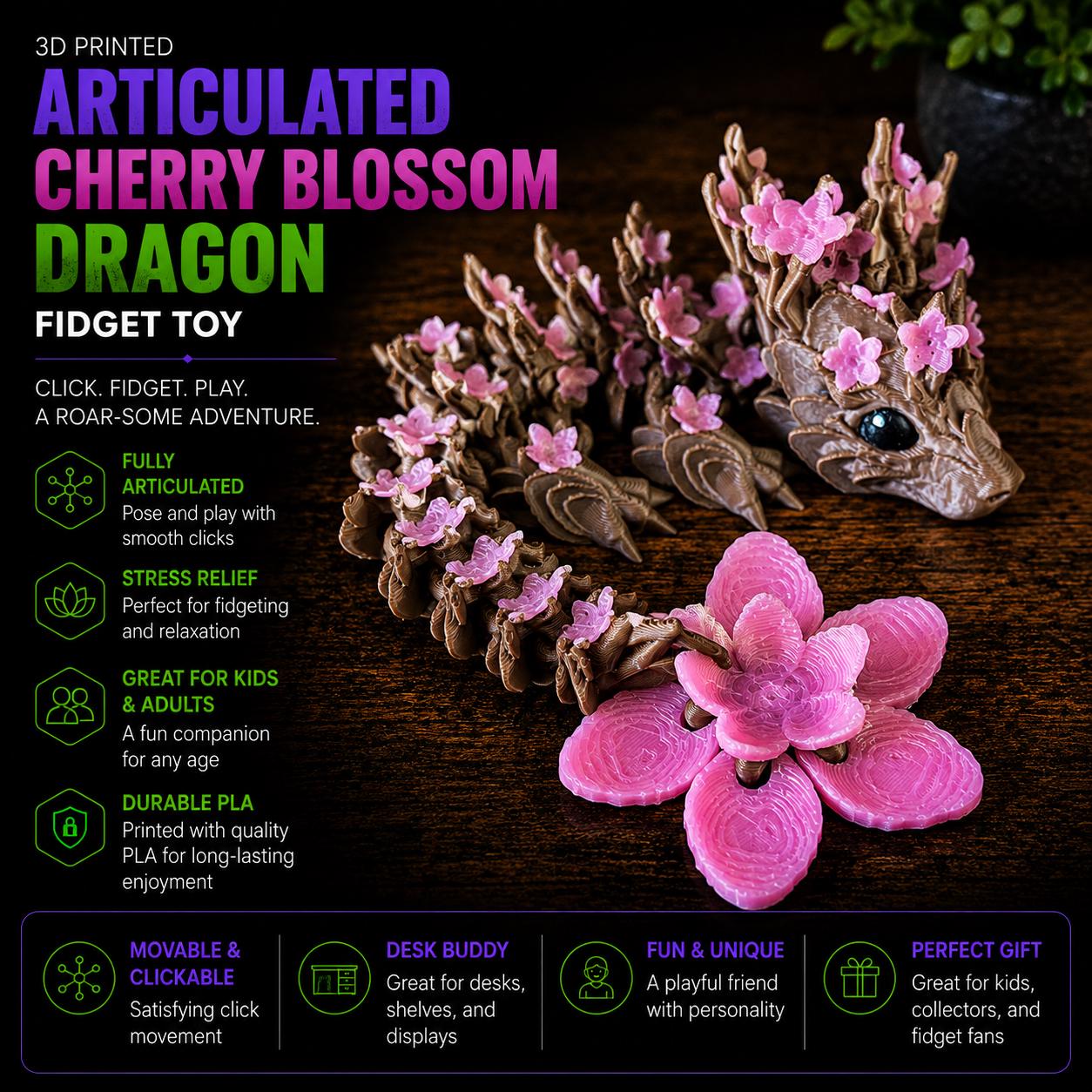 Cherry Blossom Dragon | Articulated 3D Printed Dragon | Flexible