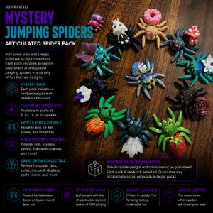 May include: A collection of 3D printed articulated jumping spiders in various colors and themes, including spiders with donuts, mushrooms, flowers, pumpkins, crystals, and strawberries. The spiders feature movable legs and textured surfaces.