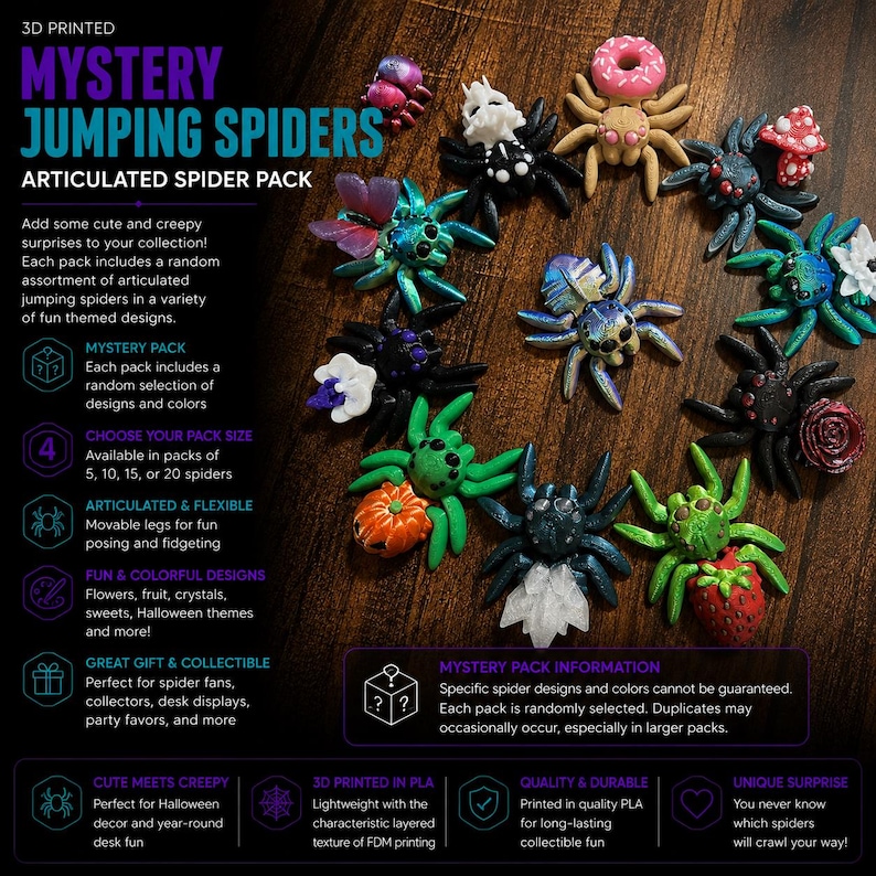 May include: A collection of 3D printed articulated jumping spiders in various colors and themes, including spiders with donuts, mushrooms, flowers, pumpkins, crystals, and strawberries. The spiders feature movable legs and textured surfaces.