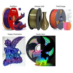 May include: Five 3D printer filament spools in Red/Blue, Antique Gold, Pink/Orange, Galaxy Chameleon, and Candy Glow colors. Each spool is paired with a 3D printed object, including a dragon, a vase, a geometric sphere, a winged unicorn, and a dragon.