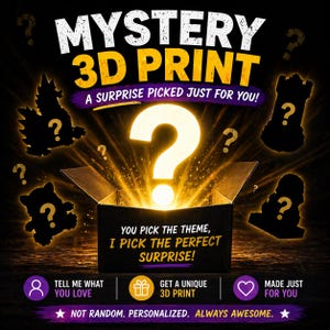 Op de afbeelding: Een promotieafbeelding voor een mystery 3D-print. De afbeelding toont een zwarte doos met een gloeiend vraagteken, omringd door silhouetten en tekst die luidt "MYSTERY 3D PRINT" en "A SURPRISE PICKED JUST FOR YOU!"
