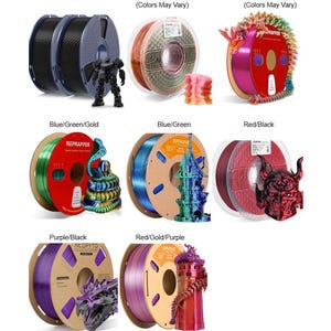 May include: A collection of 3D printer filament spools in various colors including black, rainbow rubber, rainbow aurora, blue-green-gold, blue-green, red-black, purple-black, and red-gold-purple, each accompanied by a 3D printed model.