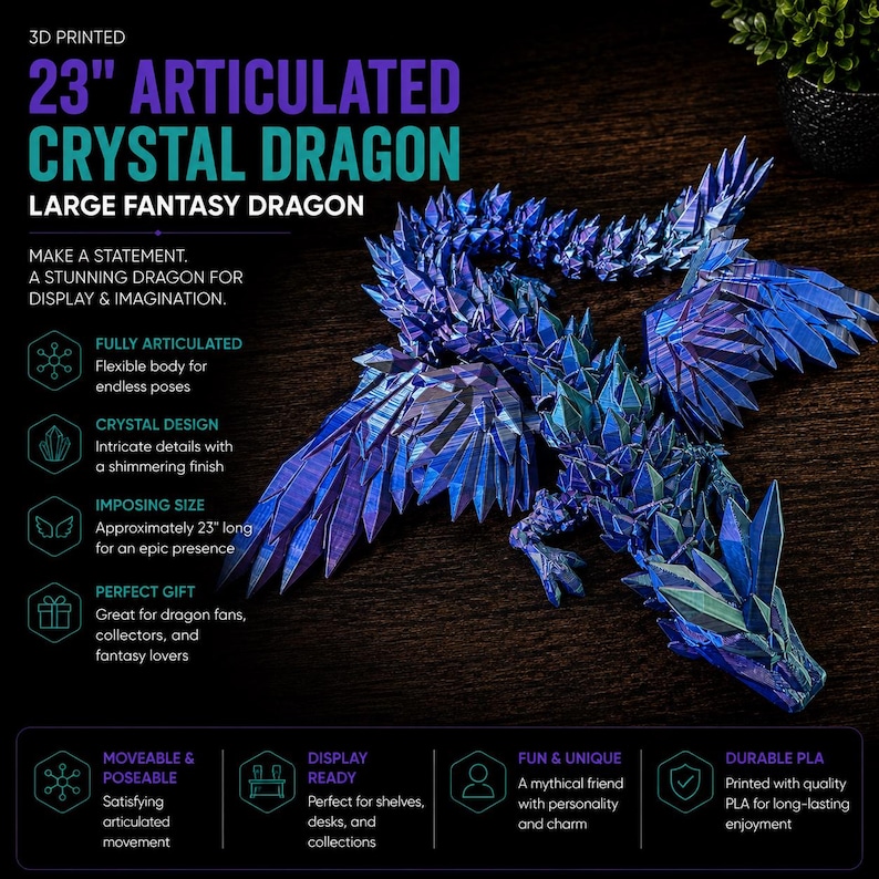 May include: A 23-inch 3D printed articulated crystal dragon with a shimmering blue and purple finish. The dragon features a flexible body with intricate crystal-like scales, large wings, and a detailed head, designed for display and movement.