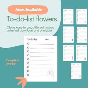 May include: A teal background with a collection of white to-do list templates. The text "Now Available To-do-list flowers" is displayed in orange and white. The templates include floral illustrations and the text "To-do-list".