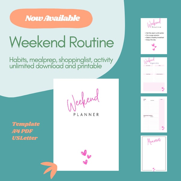 Weekendroutine Planner Maximize Your Weekend: Instant Download A4 PDF USLetter Planner Unlimited Prints. Activitiy, Food, Shopping, Habits