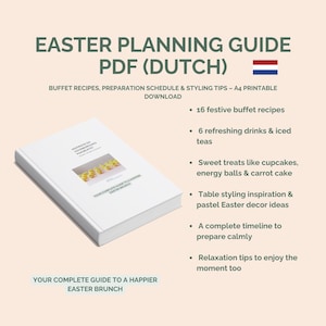 Può includere: Un libro bianco intitolato "Guida alla pianificazione pasquale PDF (Olandese)" con un'icona della bandiera olandese. La guida include ricette per buffet, programmi di preparazione, consigli di stile e idee per il brunch di Pasqua.