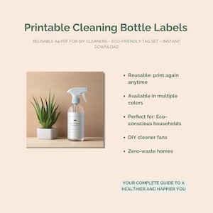 Printable Bottle Labels for DIY Cleaners – Eco-Friendly PDF (A4) – Cleaning Supply Stickers – Instant Download
