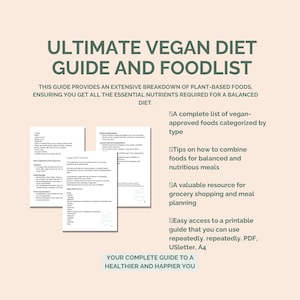 Ultimate Vegan Diet Food List PDF | A4 & US Letter | Unlimited print | Instant download, 8 pages, Vegan tracker, health planner, plant based