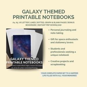 Galaxy Theme Printable Notebooks: Lined, Dotted, Graph, Blank (PDF Download)