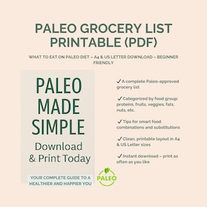 Paleo Diet Grocery List (PDF) – Printable What to Eat Guide for Beginners – A4 & US Letter – Instant Download