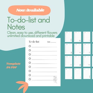 May include: A digital template for a to-do list and notes, featuring a clean design with floral accents. The image includes a sample to-do list and multiple variations. Text on the image reads "Now Available", "To-do-list and Notes", and "Template A4 PDF".
