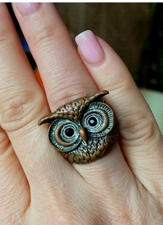 Vtg Steanless Steel&Copper Owl Head Ring Finger Ring with Stones Hand Made Goth