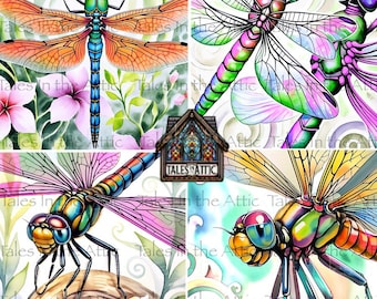 Dragonfly PNG-afbeeldingsbestanden voor 4-inch onderzetters, 300 dpi, voor transfers, decoupage, collage, sublimatie