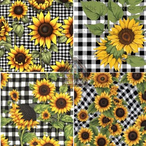 May include: Four panels showcasing a sunflower theme. Each panel features bright yellow sunflowers with brown centers and green leaves against a black and white checkered background. The panels vary in sunflower arrangement and size.