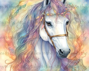 May include: Watercolor illustration of a white horse with flowing, rainbow-colored mane and tail. The horse wears a brown bridle and a floral crown. The background is a soft, pastel gradient of colors.