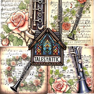 May include: A collage featuring musical instruments, roses, and sheet music. The image includes clarinets and a stained-glass window with the text "TALES IN THE ATTIC". Roses and ivy are scattered throughout the design.