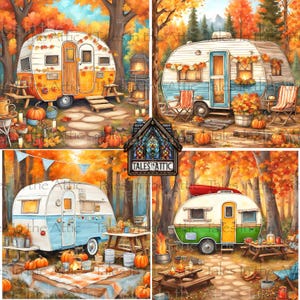 Puede incluir: Un collage de cuatro pinturas de acuarela que representan caravanas vintage en entornos otoñales. Cada escena presenta una caravana de diferente color, rodeada de follaje otoñal, calabazas y mesas de picnic, evocando un tema acogedor y estacional.