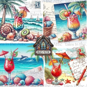 Archivos de imagen PNG de postal de playa para posavasos de 4", 300 dpi, para transferencias, decoupage, collage y sublimación