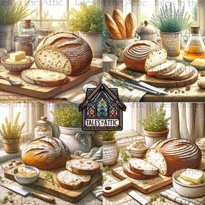 May include: Four rustic wooden cutting boards with freshly baked loaves of bread, sliced and whole, with butter pats and sprigs of herbs. The boards are arranged on a table with a window in the background. The text "Tales in the Attic" is visible in the center of the image.