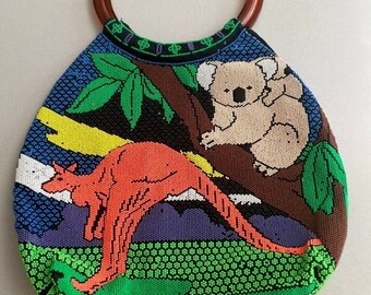 Vintage Retro 1970s Plastic Beaded Koala Kangaroo Hoop Handle Tote bag - RARE