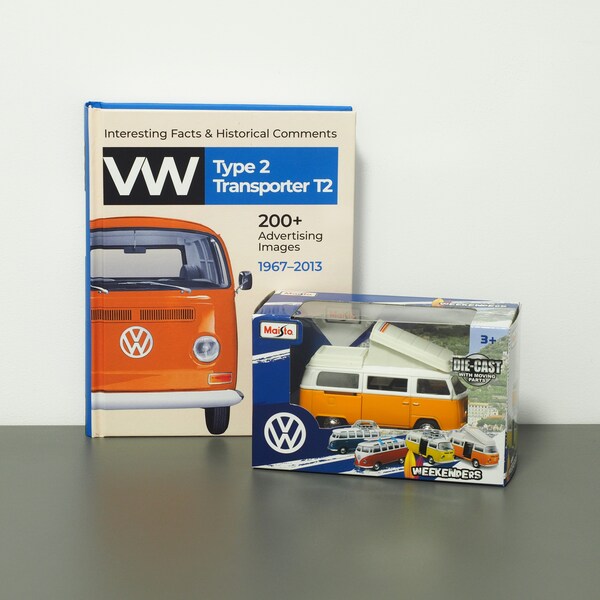 Volkswagen Transporter T2 book & Model car 1:43 - Illustrated history of classic minibus - Posters and brochures with interesting comments