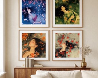Quadri giapponesi delle quattro stagioni | Stampe primavera estate autunno inverno | Poster asiatico Japandi | Koi in fiore di ciliegio | Download immediato 4096x4096