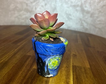 Handpainted starry night pattern terracotta pot perfect for interior decoration and a great gift to give