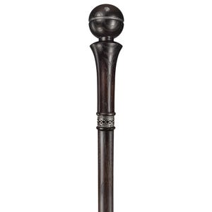May include: A black wooden walking stick with a ball-shaped handle and a silver band.